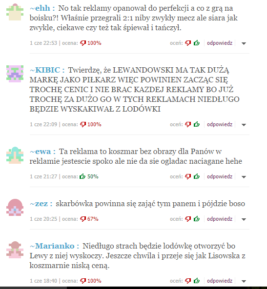 A thread of Polish reader comments beneath an article about Robert Lewandowski's advertising deals, arguing over whether he appears in too many campaigns.