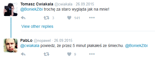 Twitter replies in Polish to Boniek's post, in which the journalist jokes that the picture makes him look too old and another user pitches in.