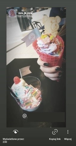 Instagram story reposted by Ice Dream Polska showing two customers' desserts: a cone topped with a teddy-bear wafer and a cup of gelato with sprinkles.