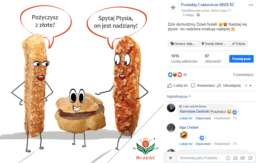 Facebook post by Produkty Cukiernicze BRZEŚĆ: "Pożyczysz 2 złote?" ("Can you lend me two złoty?") — "Spytaj Ptysia, on jest nadziany!" ("Ask the cream puff, he's loaded", punning on "nadziany", which means both filled and rich).
