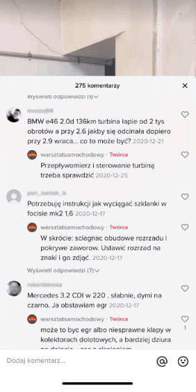 The 275-comment thread under a @warsztatsamochodowy TikTok. Readers describe faults in Polish and the workshop answers each one — for example "Przepływomierz i sterowanie turbiną trzeba sprawdzić" ("The air-flow meter and turbo control need checking").
