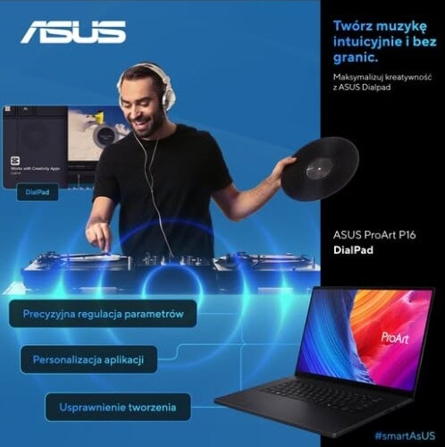 ASUS post about the DialPad feature — a man in headphones mixing music on an ASUS ProArt P16 laptop