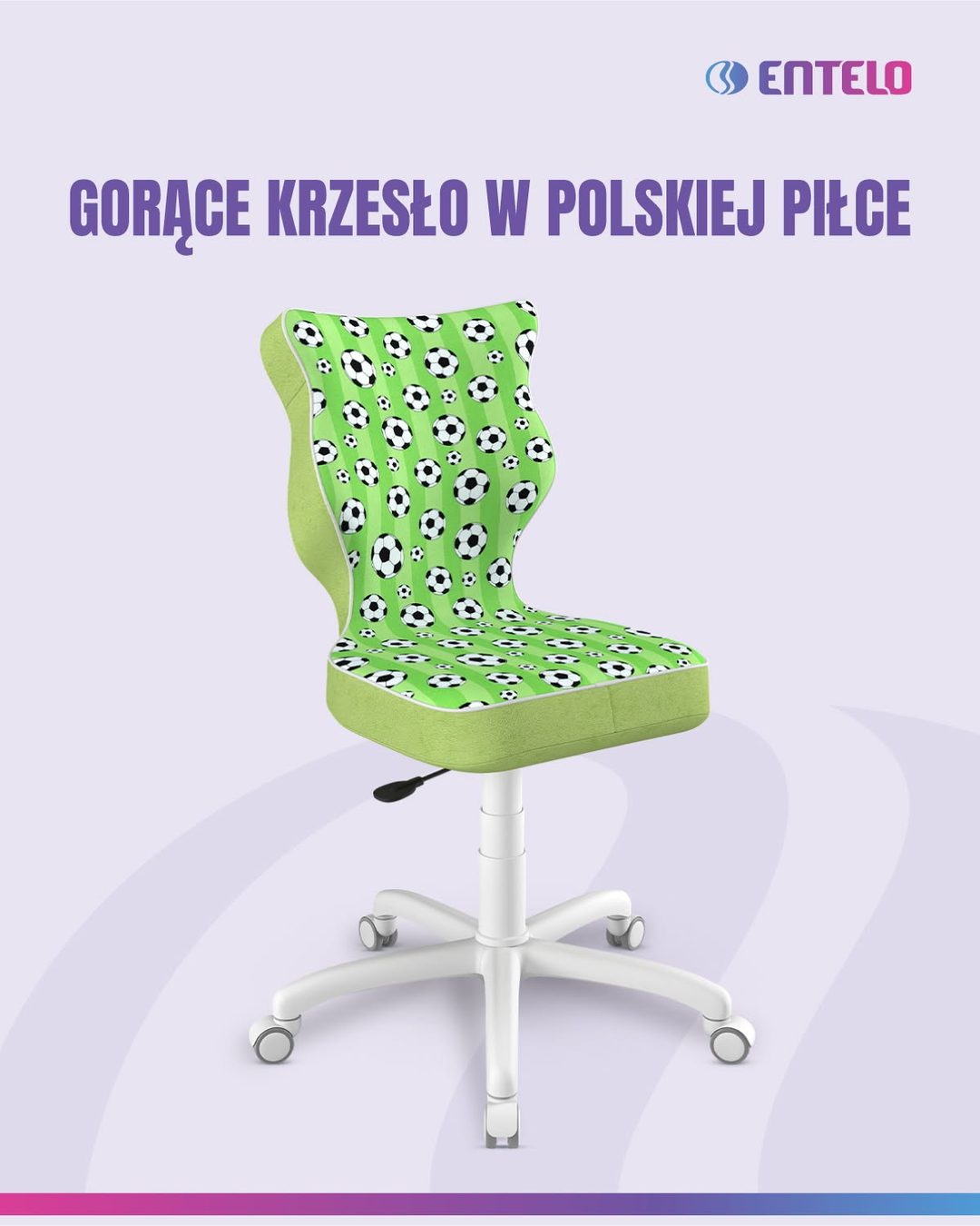 Entelo creative showing a chair upholstered in footballs, headlined "Gorące krzesło w polskiej piłce" ("The hot seat in Polish football").