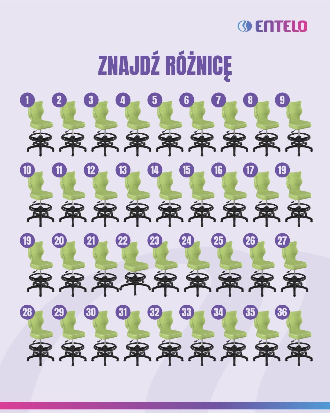 Entelo spot-the-difference puzzle headlined "Znajdź różnicę" ("Find the difference"), a grid of numbered green school chairs.