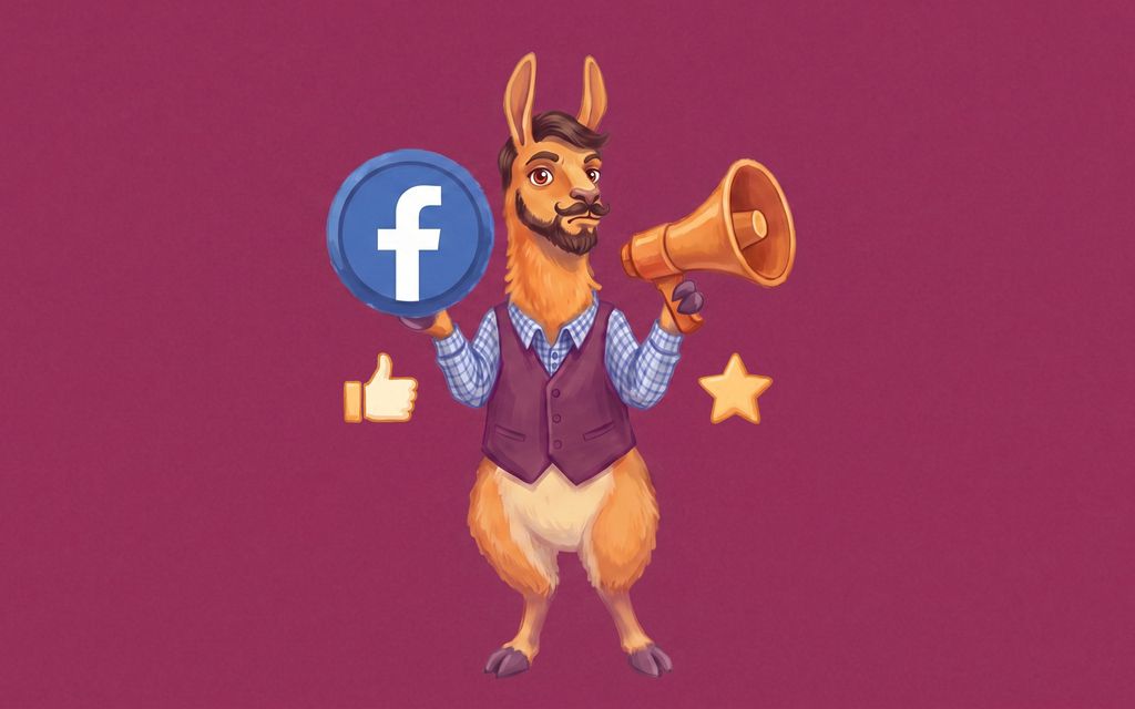 Lama w kamizelce trzyma megafon i plakietkę z logo Facebooka