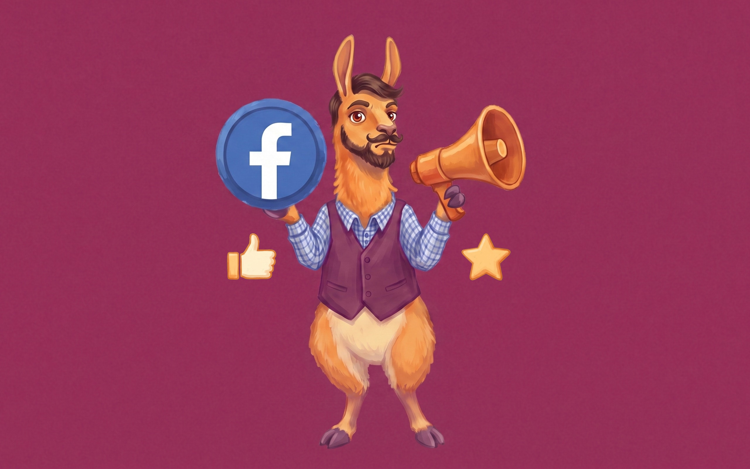A llama in a waistcoat holding a megaphone and a Facebook logo badge
