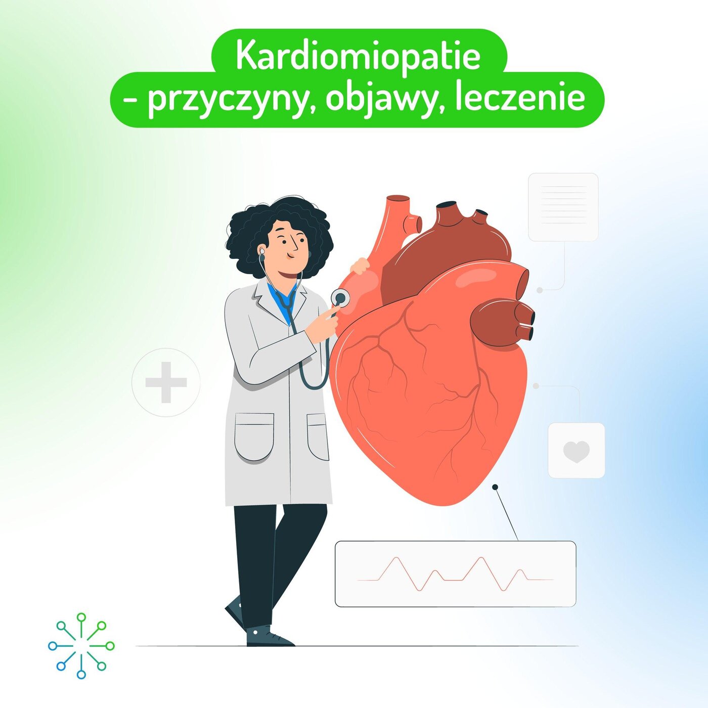Post edukacyjny Fundacji Saventic „Kardiomiopatie — przyczyny, objawy, leczenie” z ilustracją lekarki i serca
