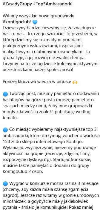 Screenshot of the #KontigoCLUB group welcome message with the rules for adding hashtags and the terms of the Top 3 Ambasadorek (Top 3 Ambassadors) contest