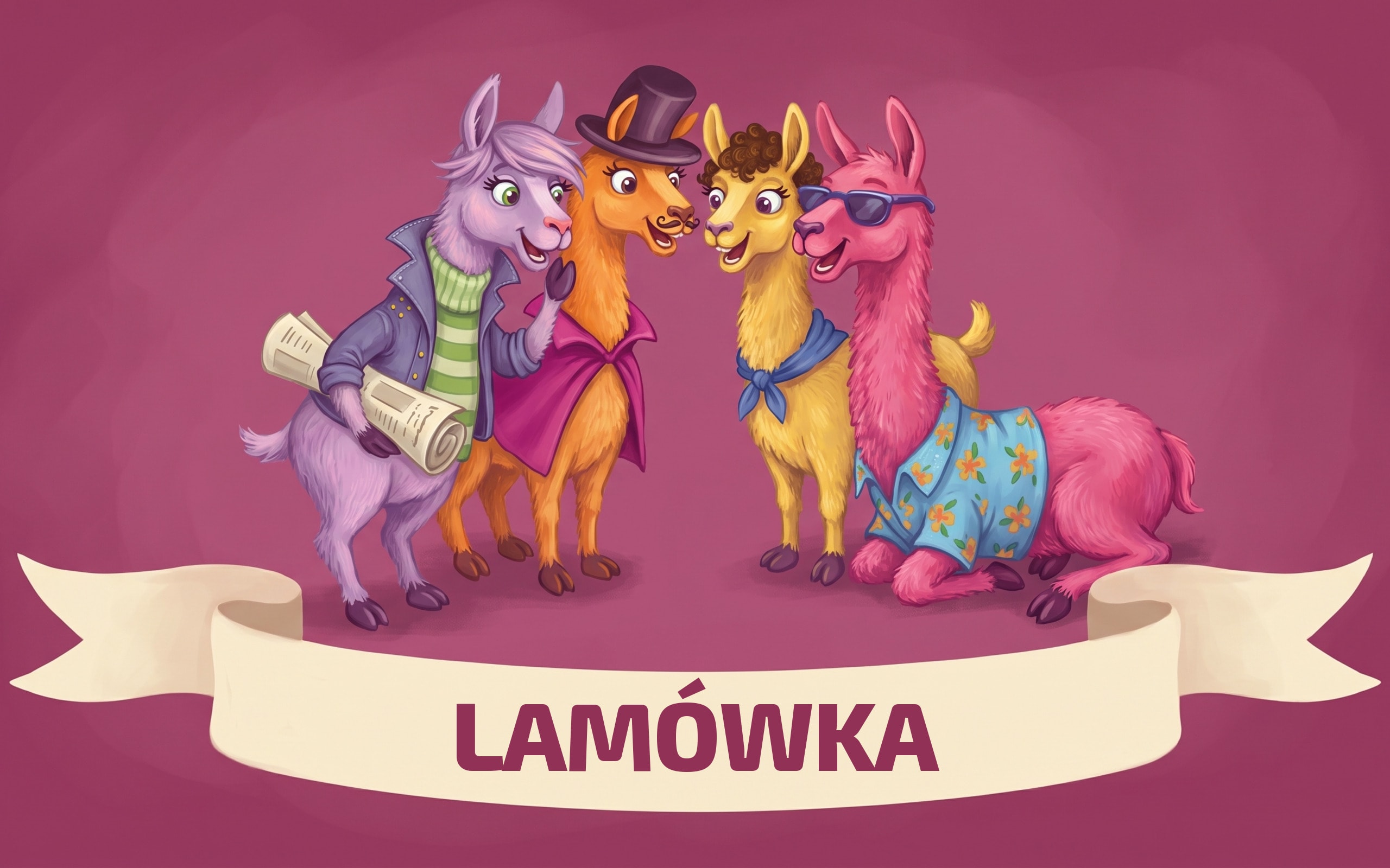 Cztery lamy z gazetą i wstęgą z napisem LAMÓWKA