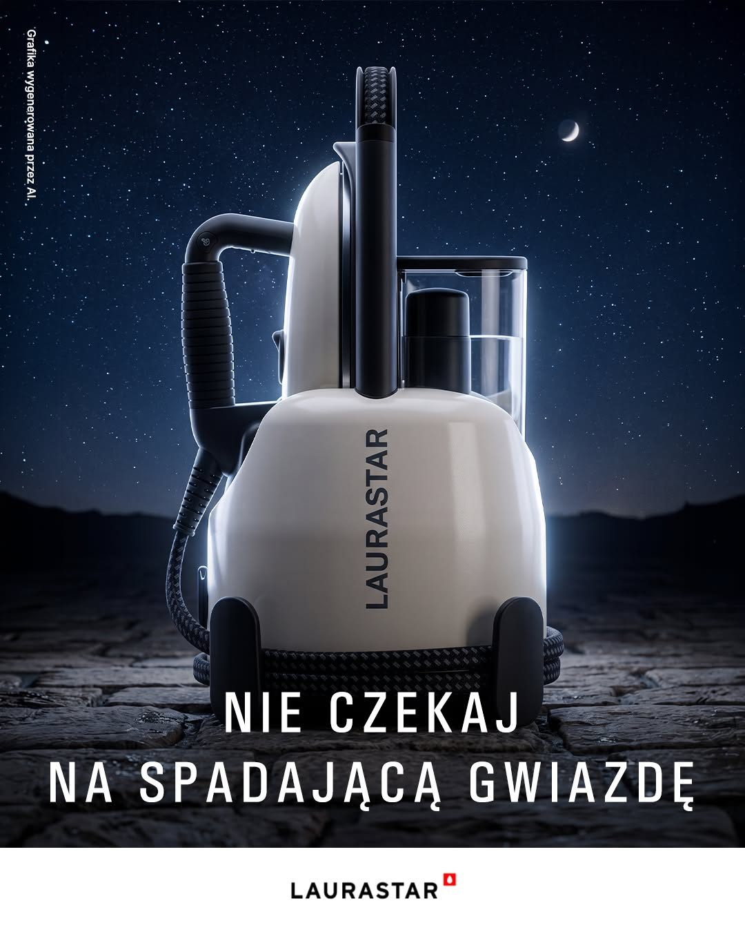 Laurastar creative showing a steam generator under a starry sky, headlined "Nie czekaj na spadającą gwiazdę" ("Don't wait for a shooting star").