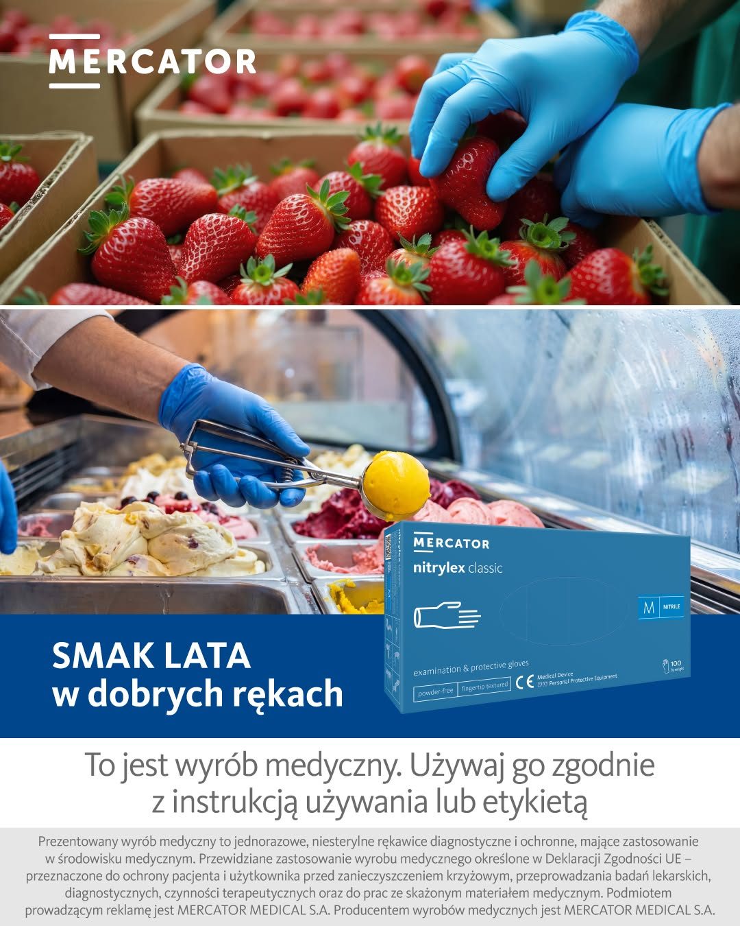 Mercator creative showing strawberries and ice cream scooped in blue nitrylex classic gloves, headlined "Smak lata w dobrych rękach" ("The taste of summer in good hands"), above the required medical-device disclaimer.