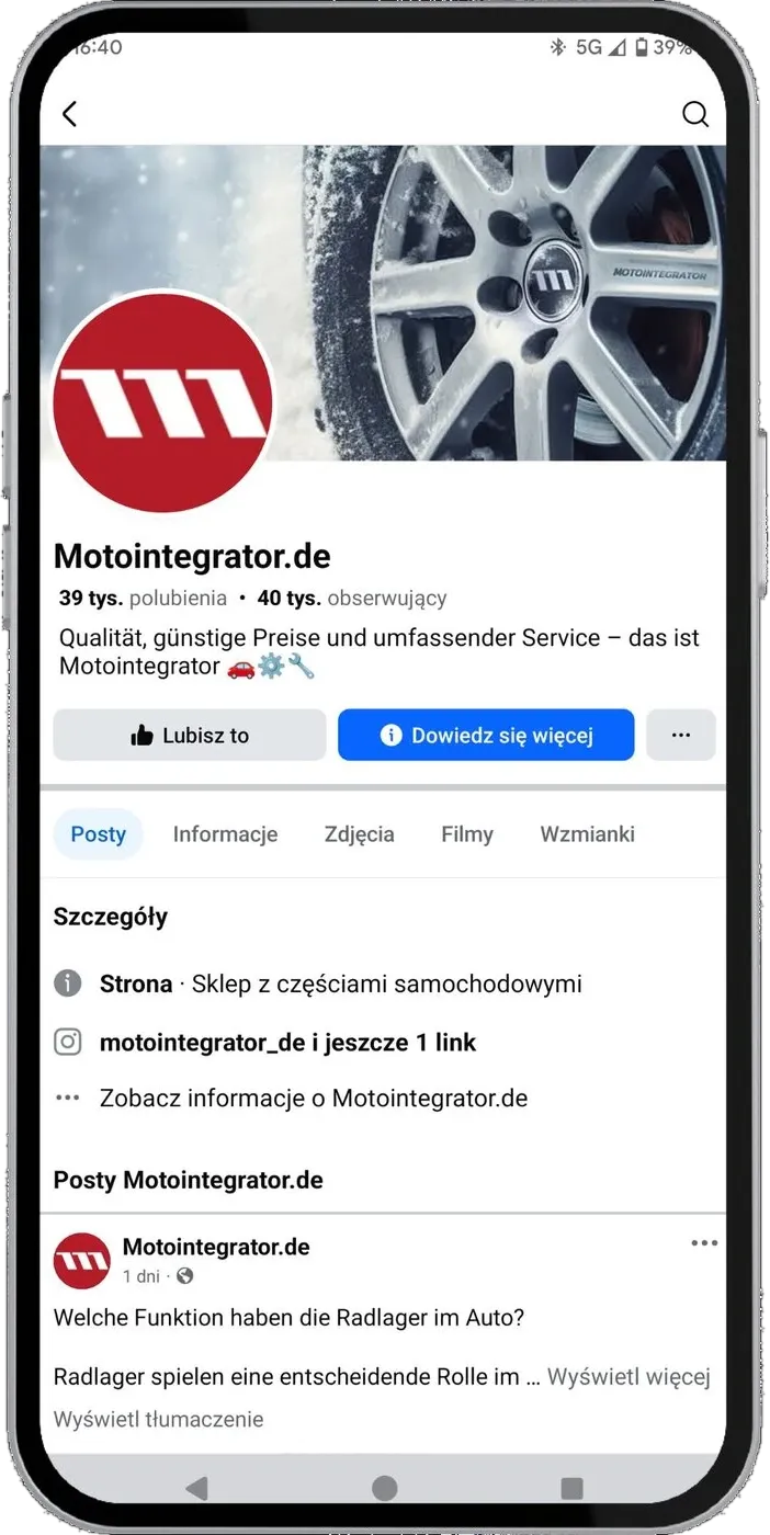 Screenshot of the Motointegrator.de profile on Facebook — 39K likes and 40K followers