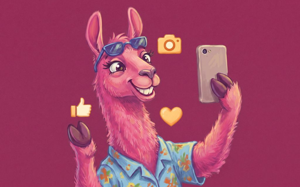 Różowa lama robi sobie selfie telefonem