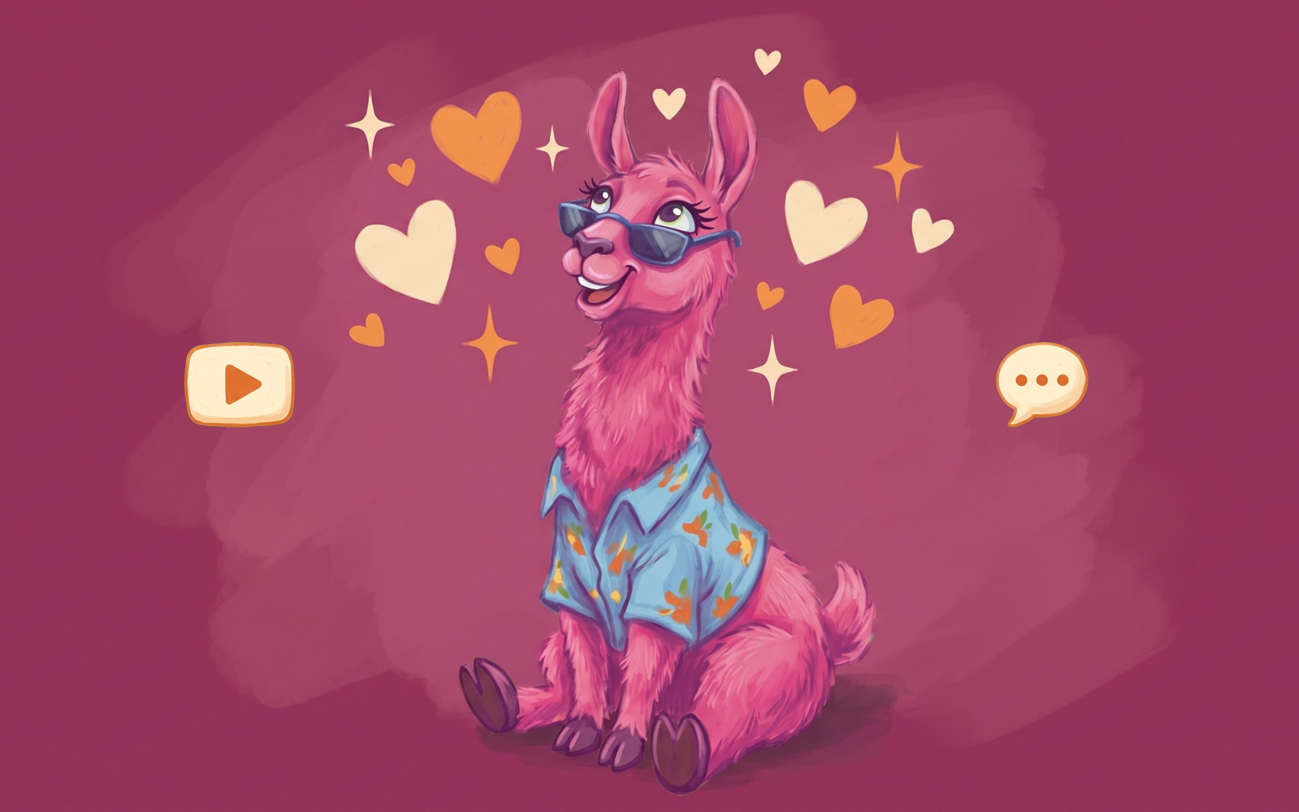 A pink llama surrounded by floating hearts and sparkles