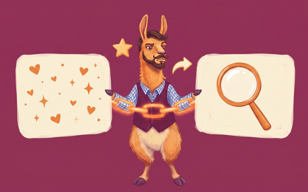 Lama w kamizelce łączy tablicę z serduszkami z tablicą z lupą