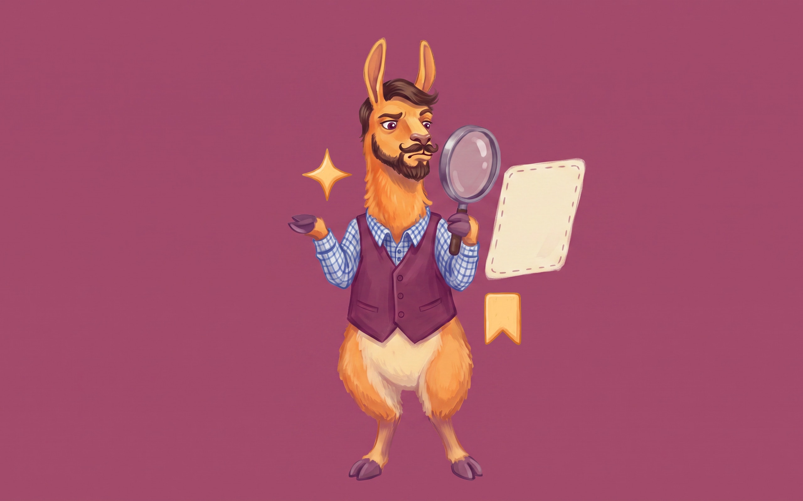 A llama in a waistcoat peering through a magnifying glass at an empty card
