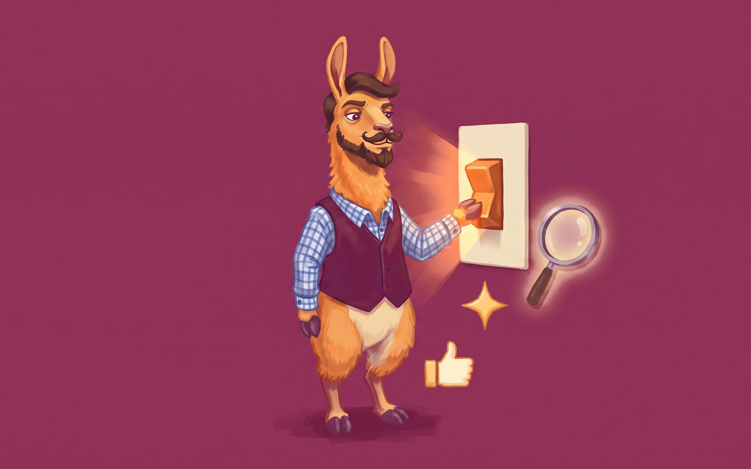 Lama w kamizelce przełącza pomarańczowy włącznik obok świecącej lupy