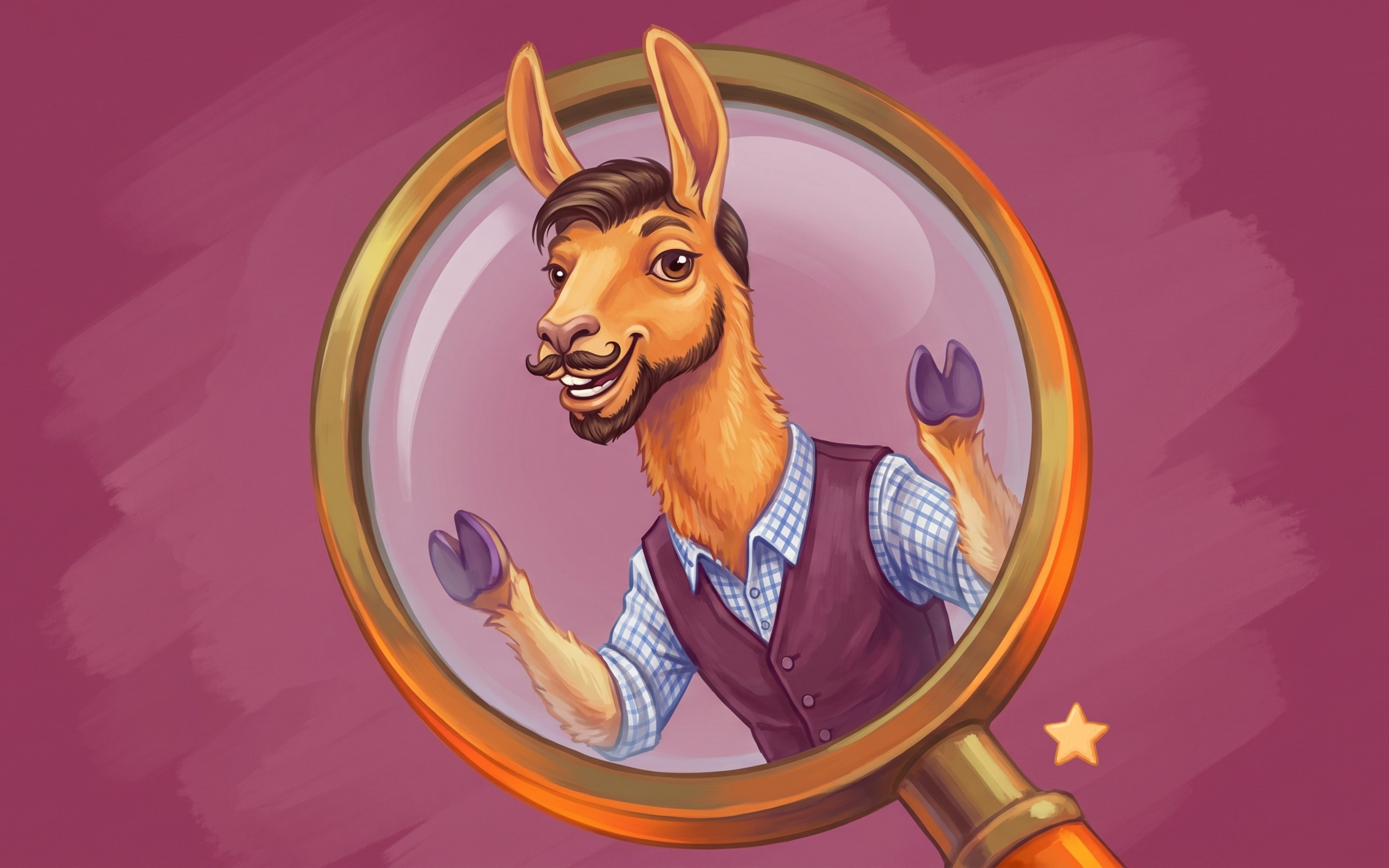 A llama in a waistcoat seen inside a large magnifying glass