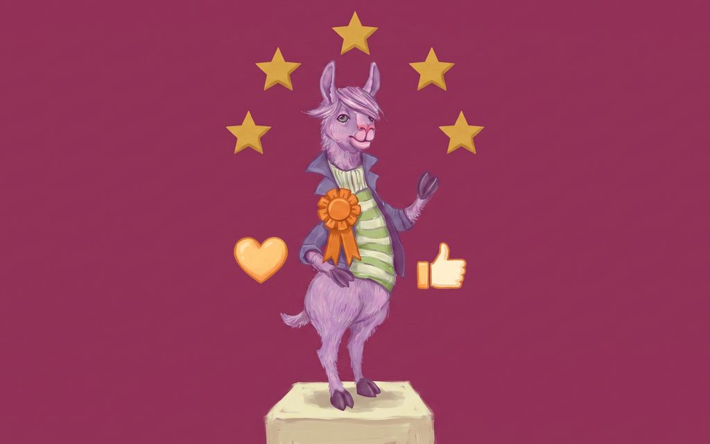 A purple llama on a podium with six gold stars