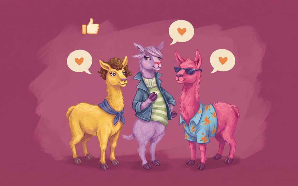 Three llamas with speech bubbles containing hearts