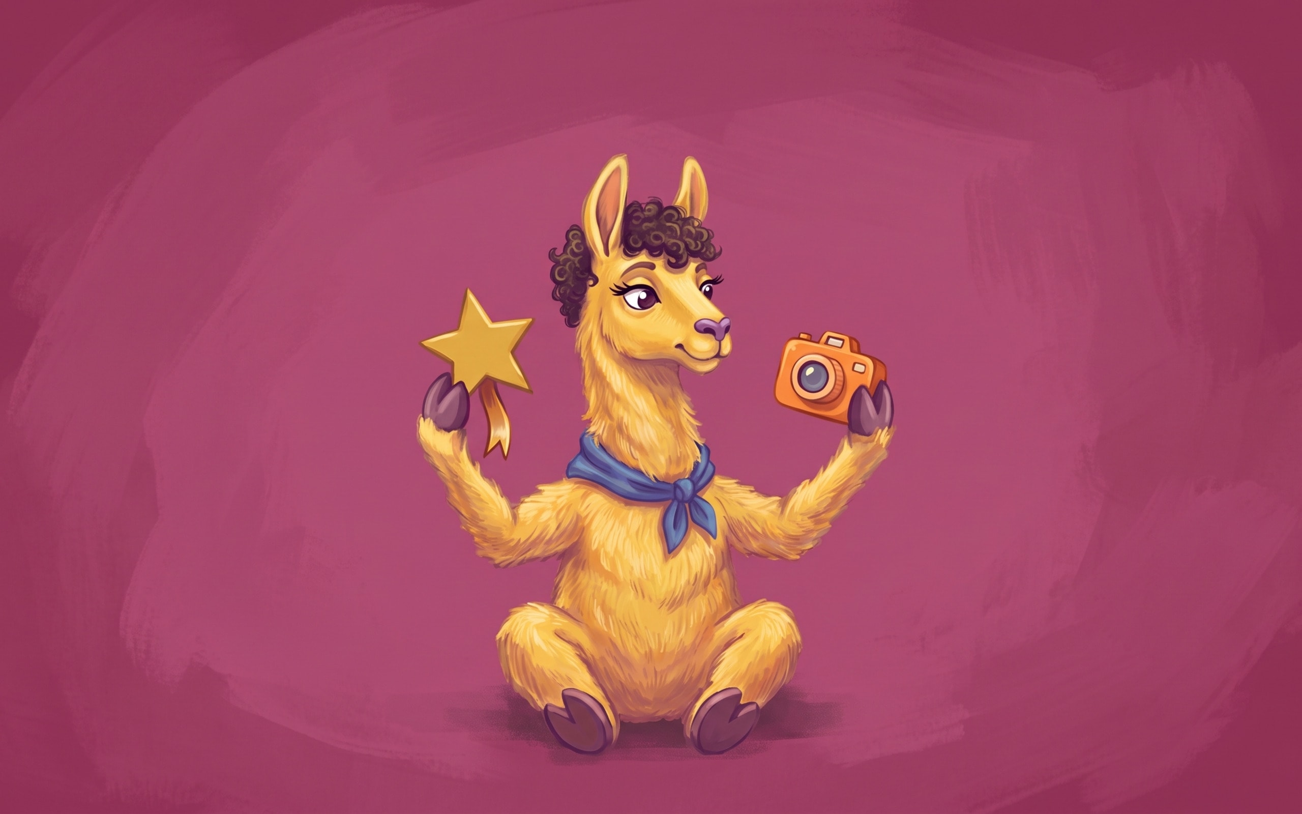 Żółta lama porównuje złotą gwiazdkę i mały aparat