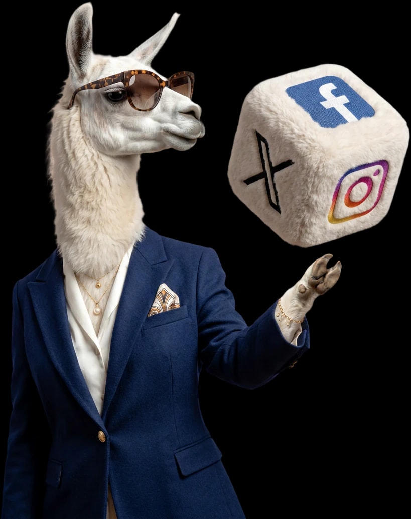 Lama w granatowej marynarce podrzucająca puchatą kostkę z ikonami Facebooka, Instagrama i X