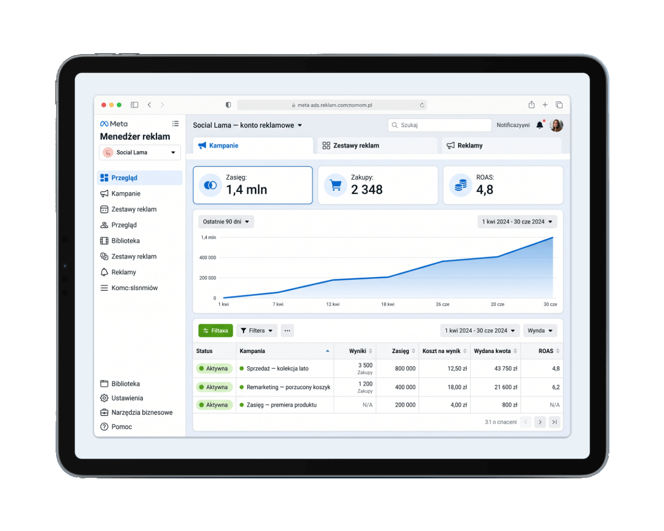 Meta Ads Manager — sales campaign results