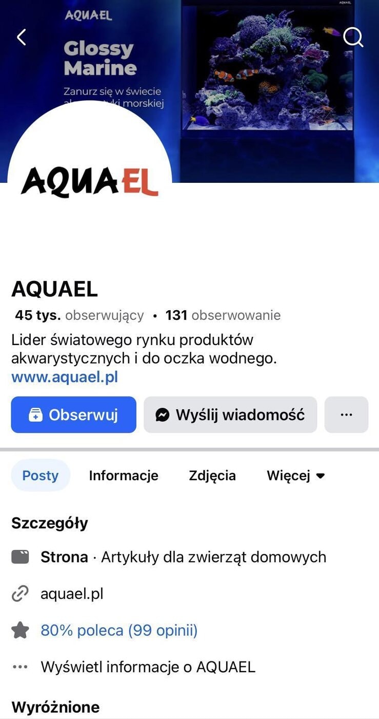 Aquael Facebook profile — 45k followers and the Glossy Marine campaign cover art