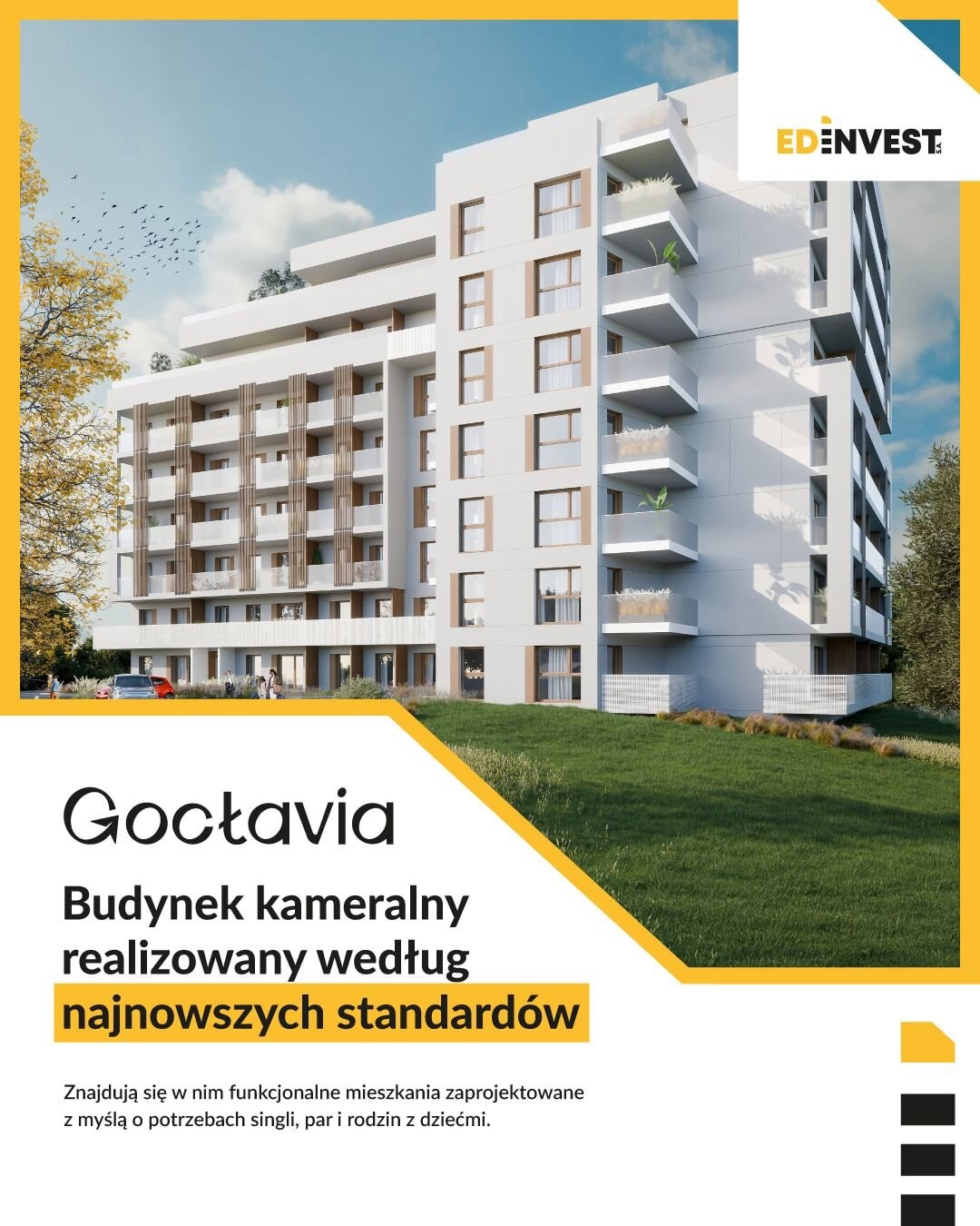 Dedykowana kreacja graficzna inwestycji Gocławia ED Invest — wizualizacja kameralnego budynku z hasłem o najwyższych standardach