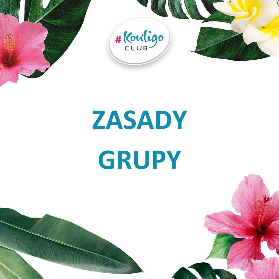#KontigoCLUB graphic captioned "Group rules", framed by tropical leaves and hibiscus flowers