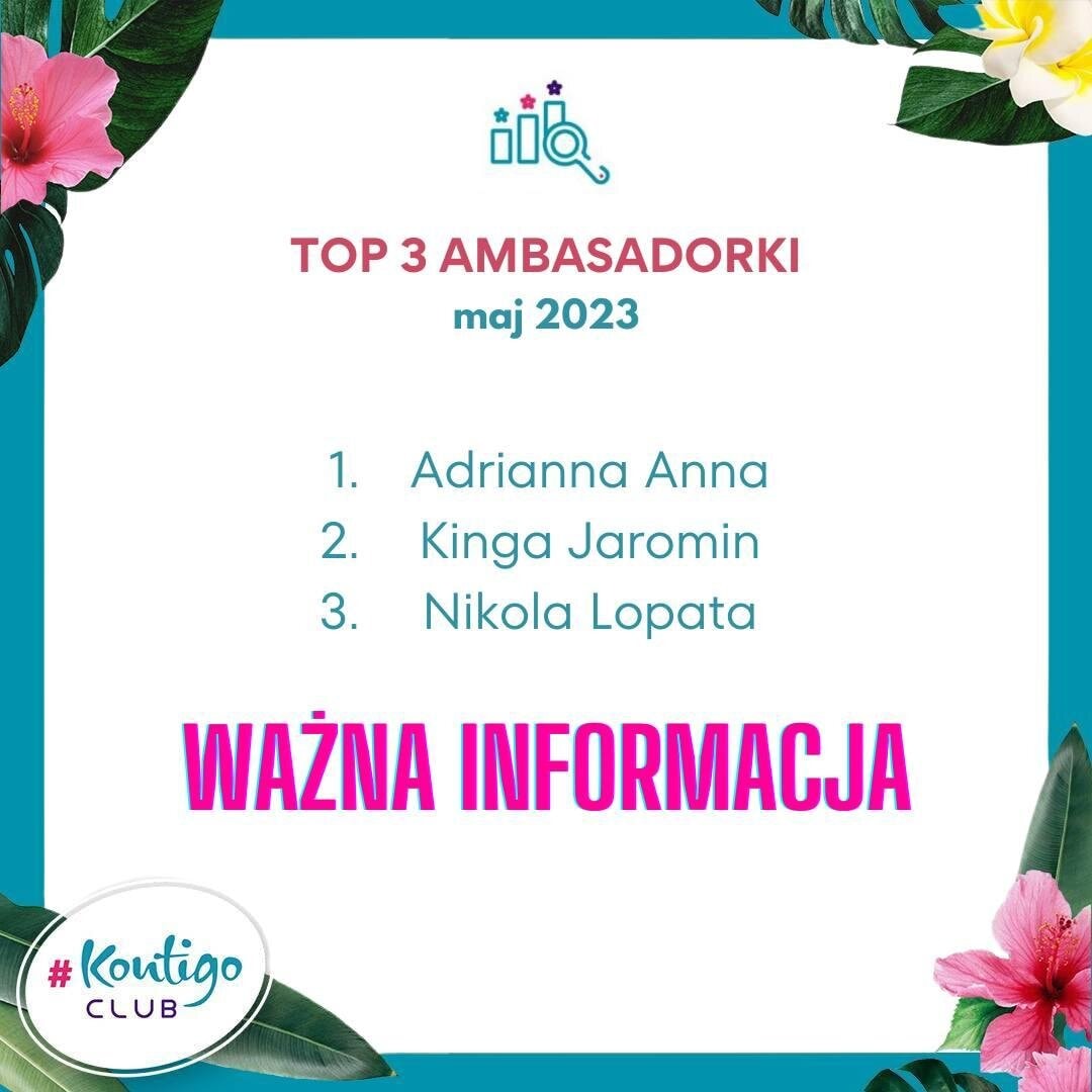 Graphic "Top 3 Ambassadors May 2023" listing the winners: Adrianna Anna, Kinga Jaromin, Nikola Lopata