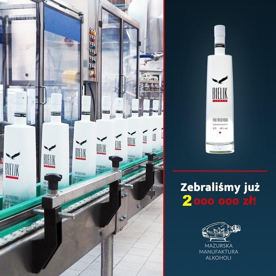 Kreacja Mazurskiej Manufaktury Alkoholi — linia rozlewnicza butelek Bielik Vodka i grafika „Zebraliśmy już 2 000 000 zł!”