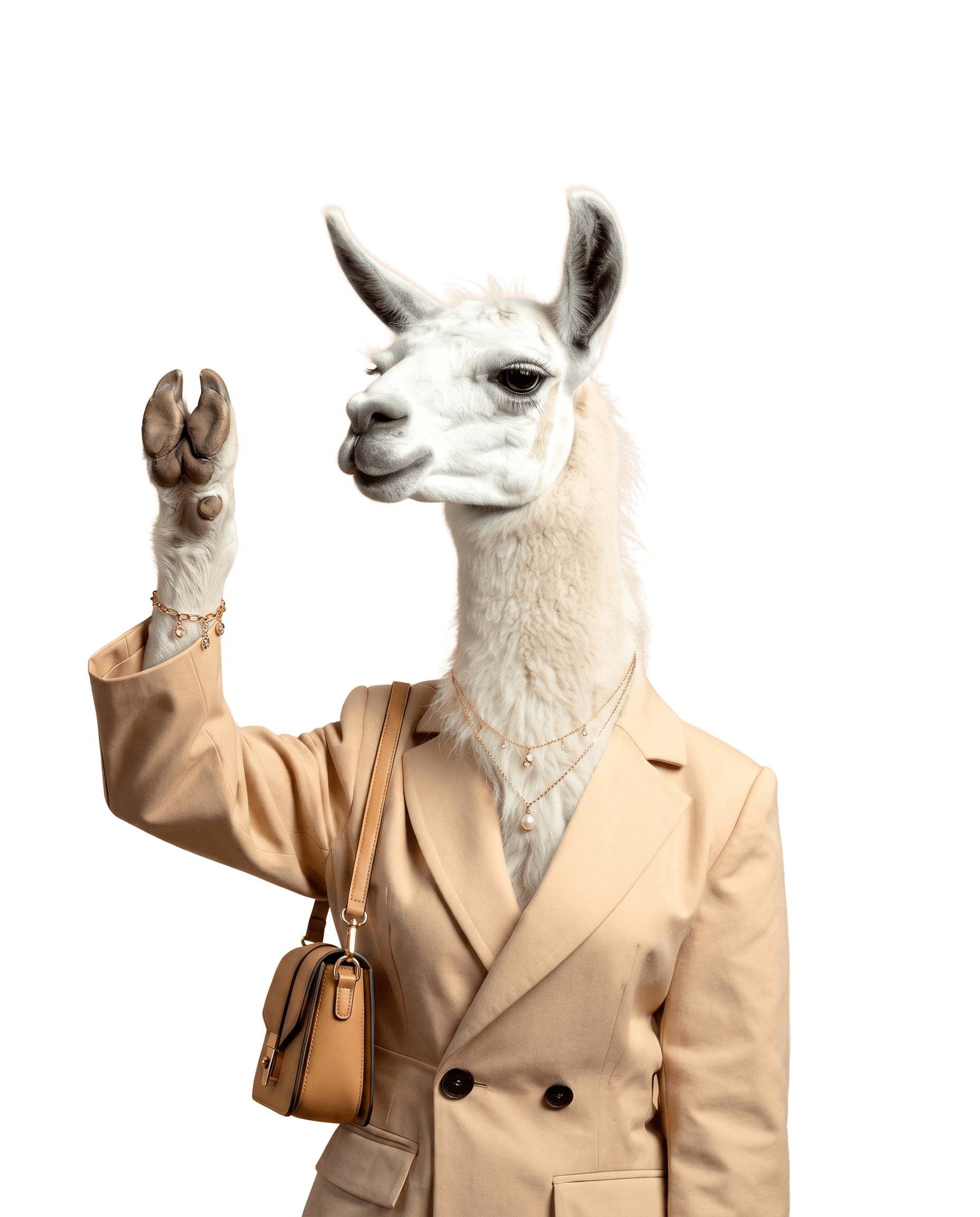 Lama Social Lamy w beżowym płaszczu, machająca do kamery