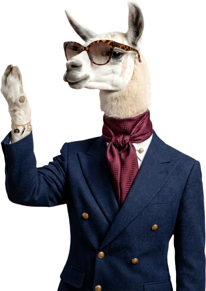 Lama w granatowym garniturze i bordowym fularze z uniesioną łapą — maskotka Social Lama